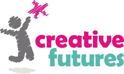 Logo of a grey figure jumping toward a pink star, both drawn in a crayon style. In pink, the word 'creative' and in blue underneath the word 'futures'